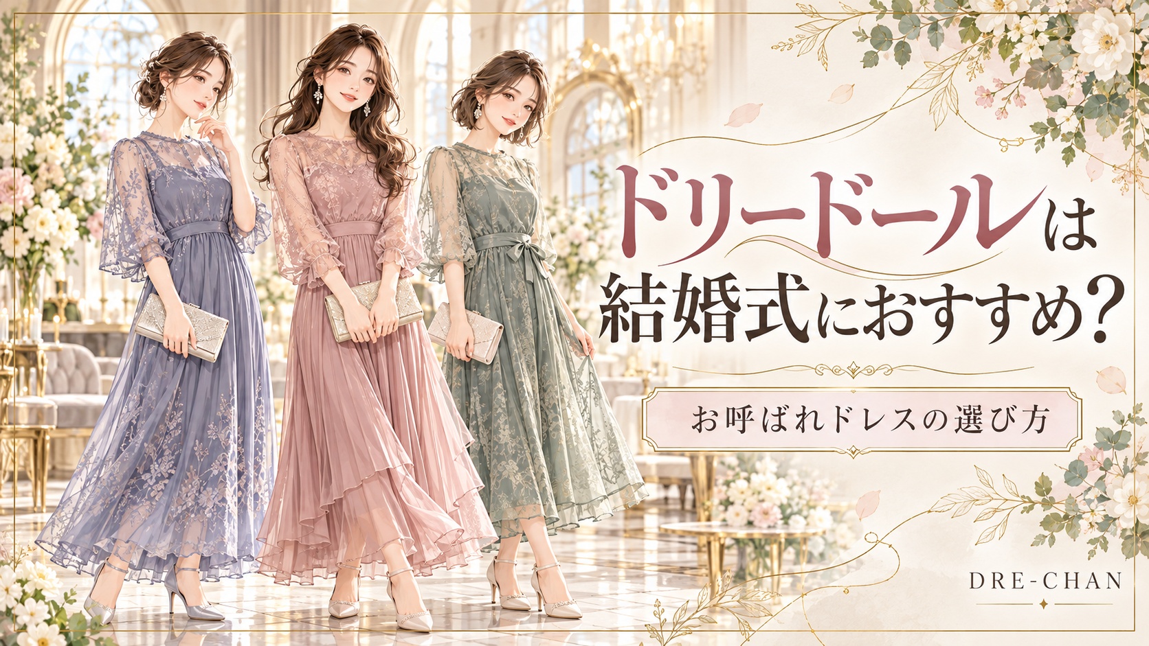 結婚式のお呼ばれドレスを着た3人の女性と『ドリードールは結婚式におすすめ？ お呼ばれドレスの選び方』のタイトルを配置したDRE-CHANのサムネイル画像