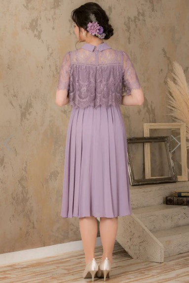 リリアージュ リリアージュ ラベンダーのロールカラー袖付きドレス 後ろ姿