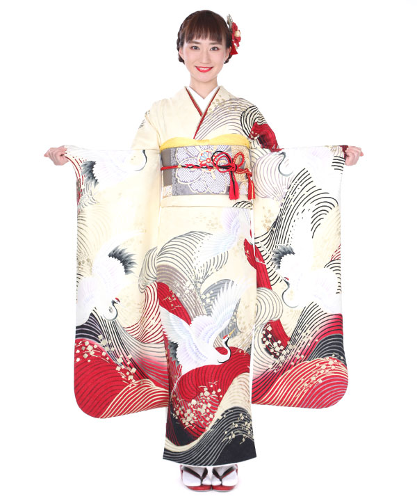 きものレンタリエ 振袖 薄クリームに波鶴