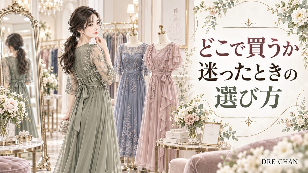 ドレスショップで複数のお呼ばれドレスを見比べながら購入先を検討する女性のイラスト