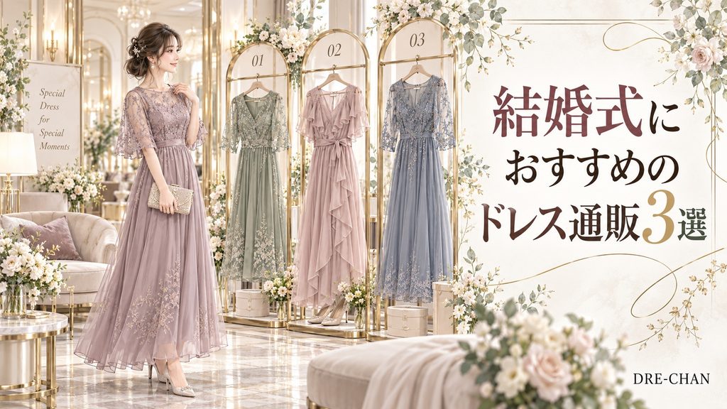3種類の結婚式向けドレスを比較する女性を描いたおすすめドレス通販3選のイラスト