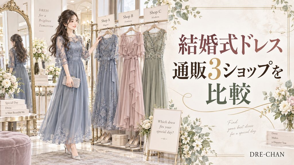 結婚式向けドレス通販3ショップを比較しながらドレスを選ぶ女性のイラスト