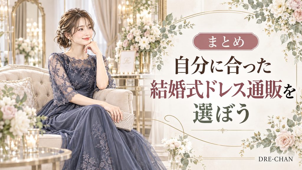 自分に合った結婚式ドレスを選び、上品なドレス姿でくつろぐ女性のイラスト