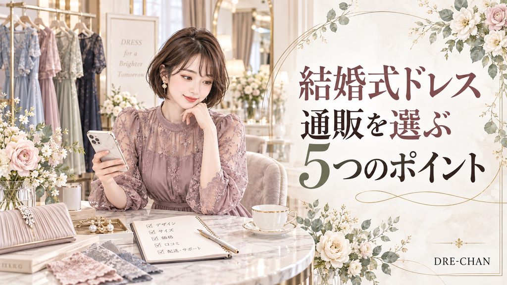 スマートフォンやチェックリストを見ながら結婚式ドレス通販の選び方を確認する女性のイラスト
