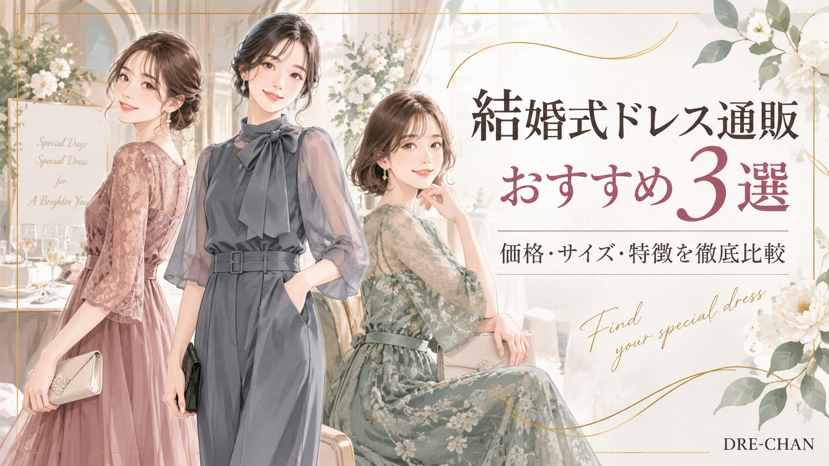 結婚式ドレス通販おすすめ3選を比較する、異なるデザインのお呼ばれドレスを着た3人の女性イラスト