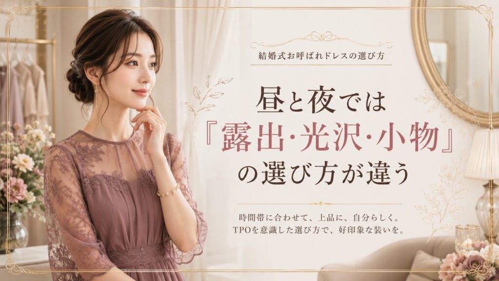 昼と夜の結婚式で異なる露出・光沢・小物の選び方を紹介する女性のイメージ