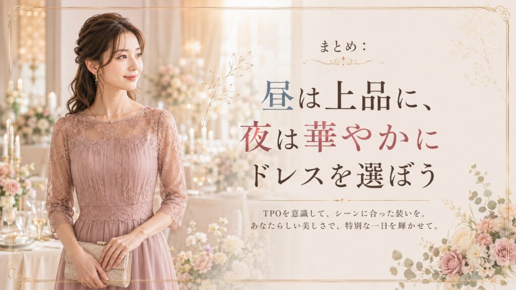 昼は上品に夜は華やかに結婚式のお呼ばれドレスを選ぶ女性