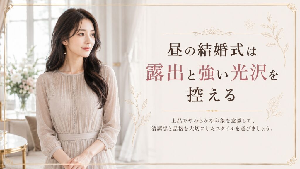 昼の結婚式に適した露出と強い光沢を控えた上品なお呼ばれドレス姿