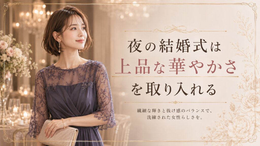 夜の結婚式に合う上品な華やかさを取り入れたお呼ばれドレス姿
