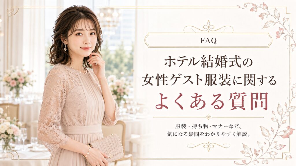 ホテル結婚式の女性ゲスト服装に関するよくある質問を紹介する画像