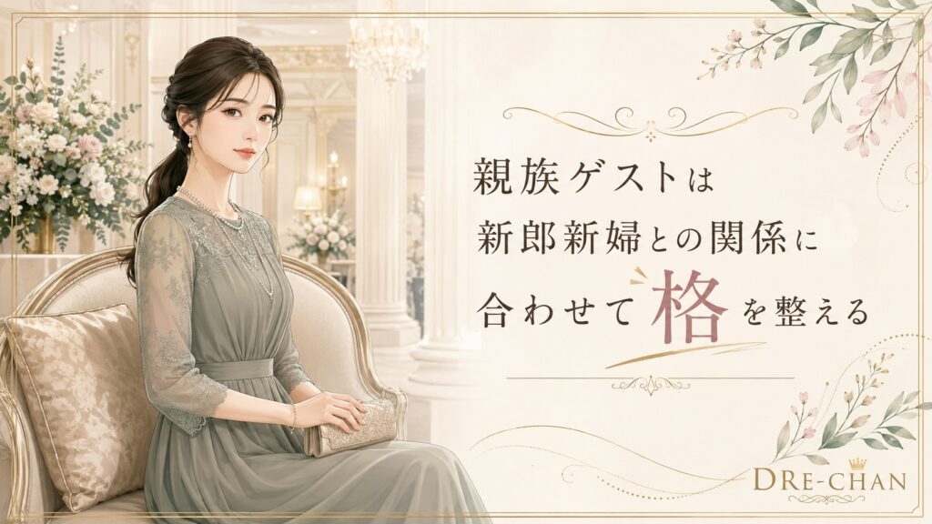 新郎新婦との関係に合わせて格式を整えた親族ゲストのドレス姿