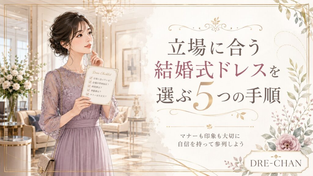 立場に合う結婚式ドレスを5つの手順で選ぶ女性のイラスト