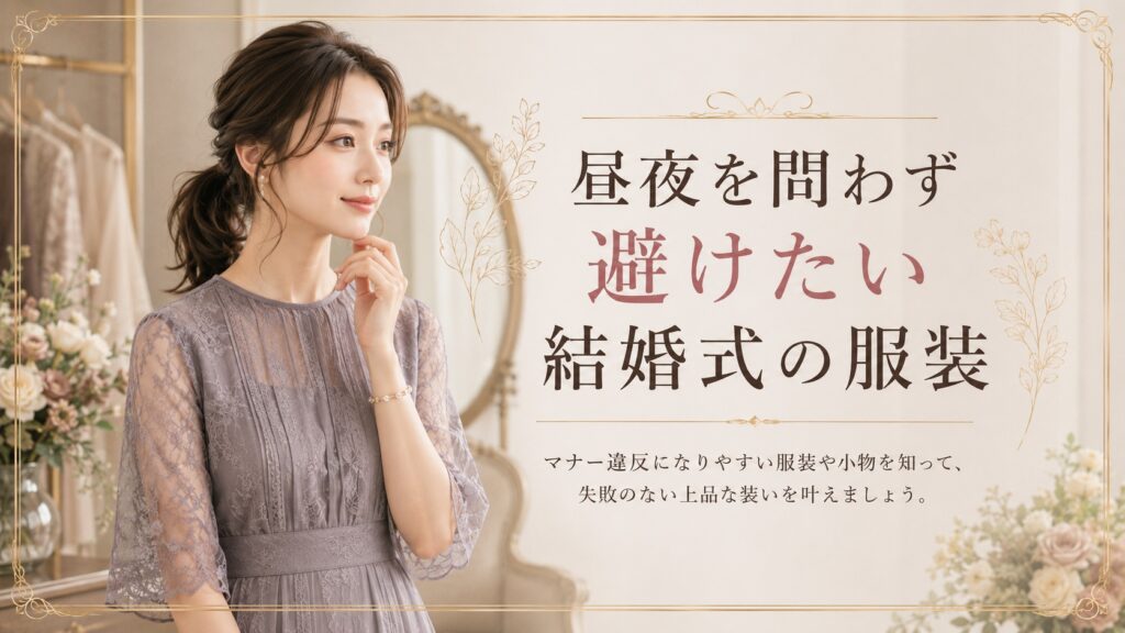昼夜を問わず避けたい結婚式の服装や小物について考える女性