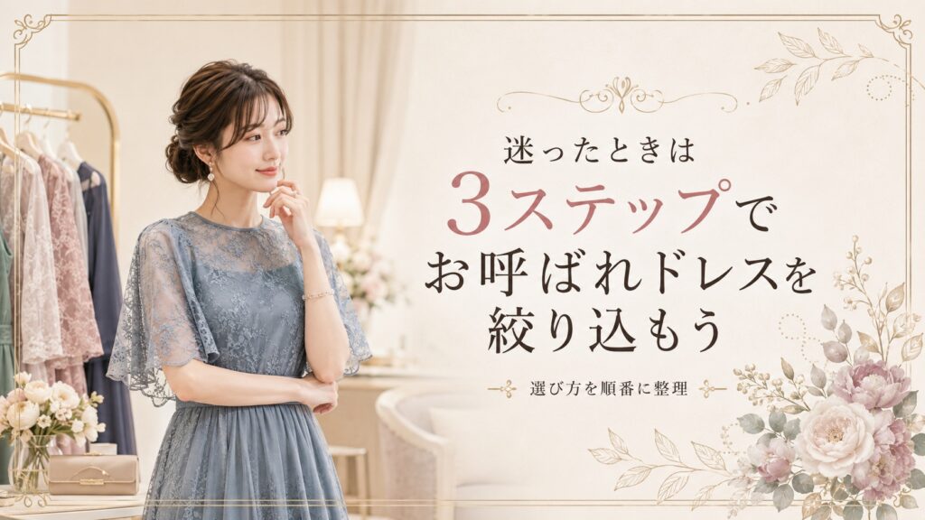 3ステップで自分に合う結婚式お呼ばれドレスを絞り込む女性のイメージ
