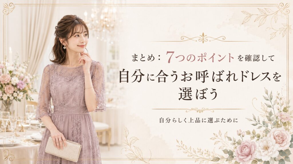 7つのポイントを確認して自分に合う結婚式お呼ばれドレスを選ぶ女性のイメージ