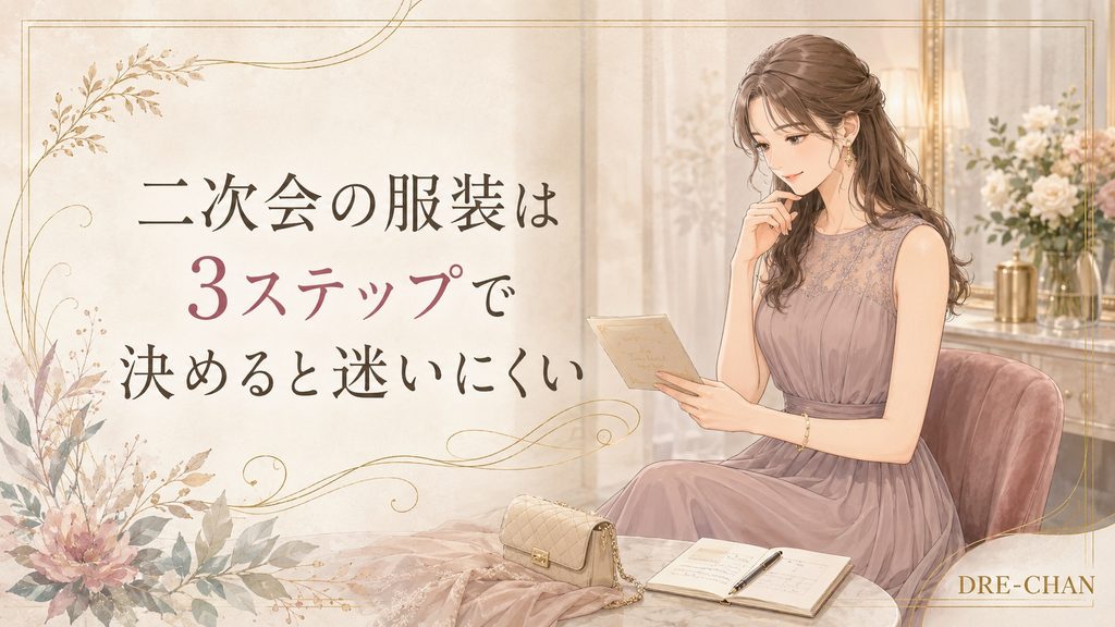 二次会の服装を3ステップで決める流れをテーマに、招待状を確認しながら椅子に座って考える上品な女性を描いたイラスト。