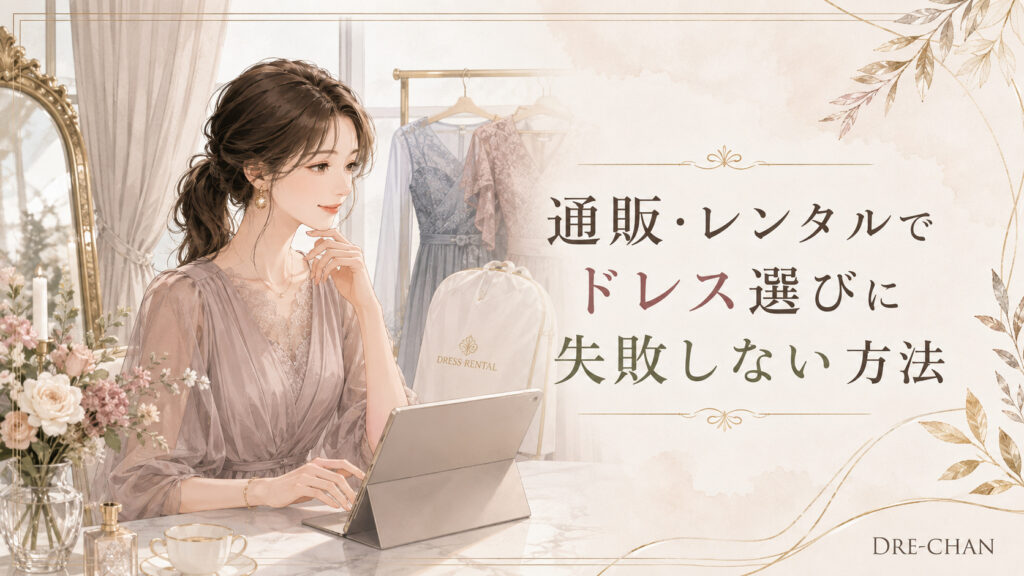 タブレットで結婚式ドレスを探す女性と、通販・レンタルでドレス選びに失敗しない方法を表したイラスト