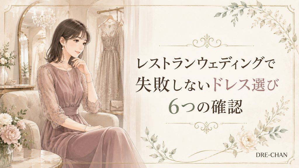 ドレスショップ風の空間で椅子に座り、レストランウェディングで失敗しないドレス選びを考える女性のイラスト