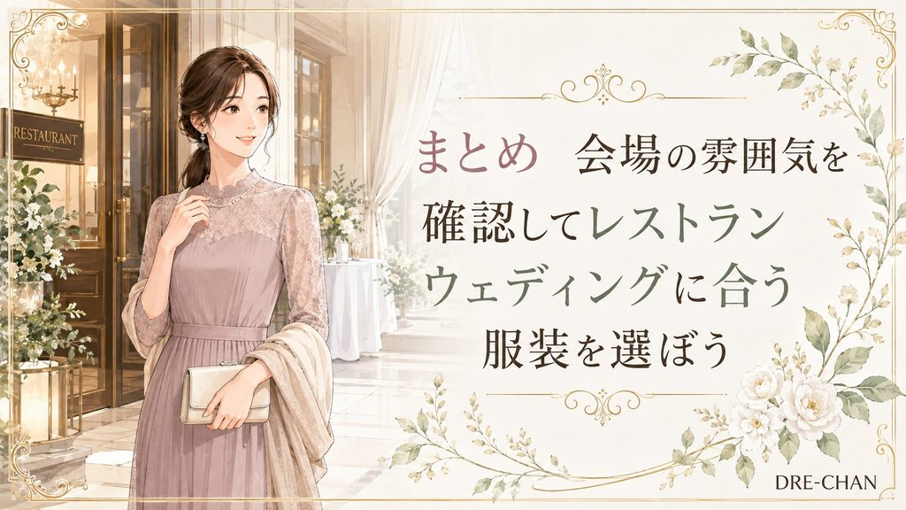 レストラン会場の雰囲気を確認し、ウェディングに合う上品な服装を選んだ女性のイラスト