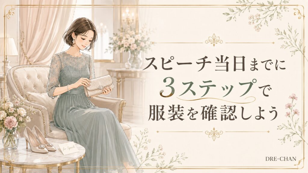 結婚式のスピーチ当日に向けてドレスやバッグ、靴を確認する女性の上品なイラスト