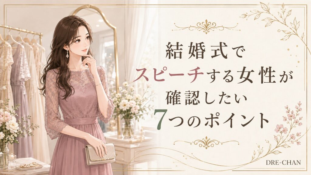 ドレスショップで結婚式のスピーチに着る服装を確認するダスティピンクのドレス姿の女性イラスト