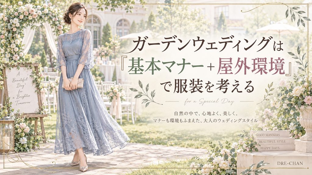 ガーデンウェディング会場を背景に、上品なブルーのドレスを着た女性が立つ、基本マナーと屋外環境を意識した服装選びをイメージしたイラスト。