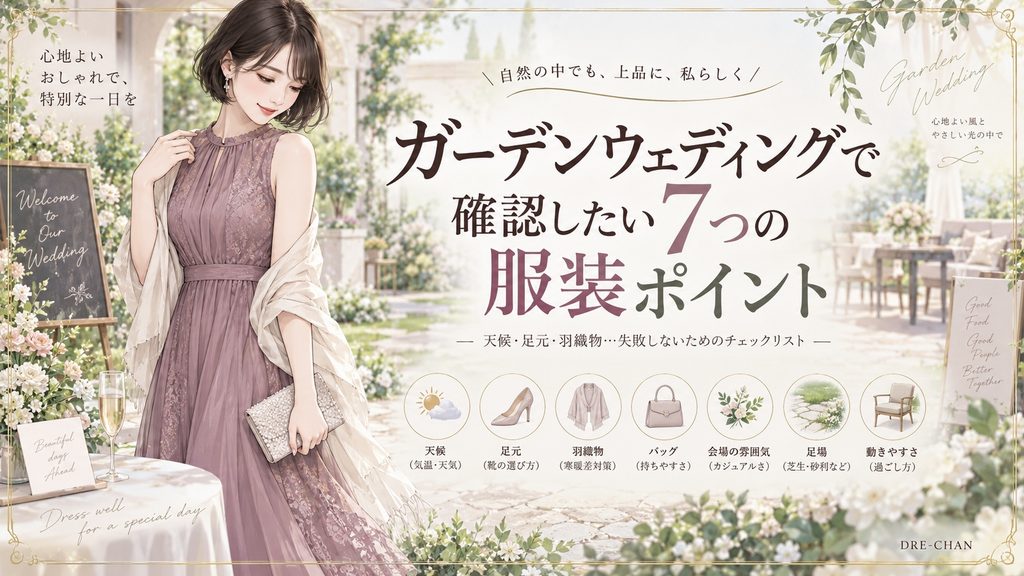 ガーデンウェディング会場で、羽織物を合わせた上品なドレス姿の女性を描いた、服装ポイントを確認するイメージのイラスト。