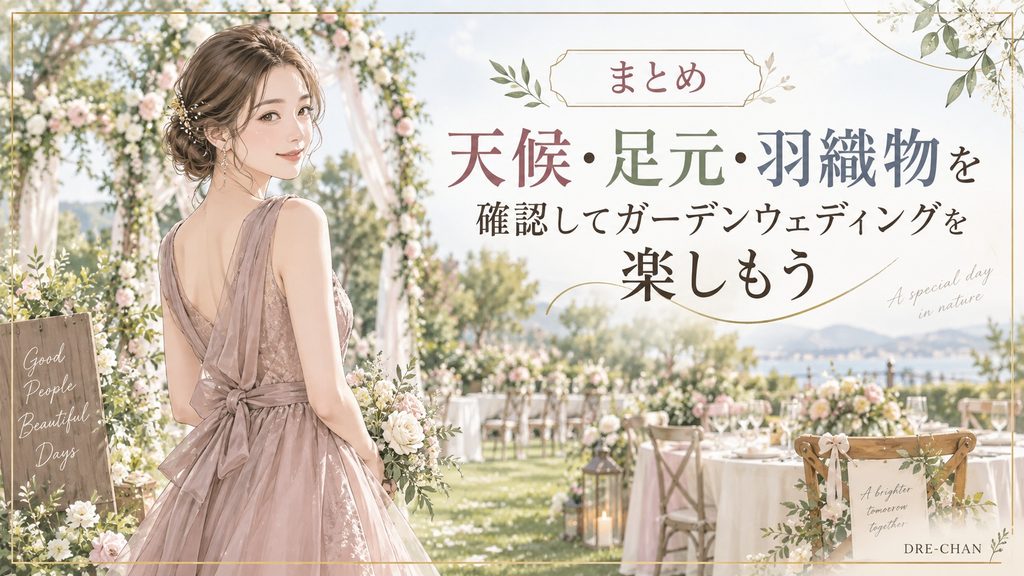 花に囲まれたガーデンウェディング会場で、後ろを振り向く上品なドレス姿の女性を描いた、天候・足元・羽織物の確認をまとめたイラスト。