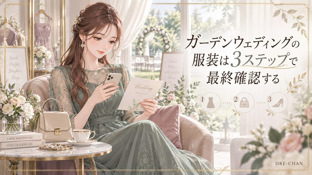 招待状とスマートフォンを手に、ガーデンウェディング当日の服装を確認している女性を描いた、3ステップの最終確認を表現したイラスト。