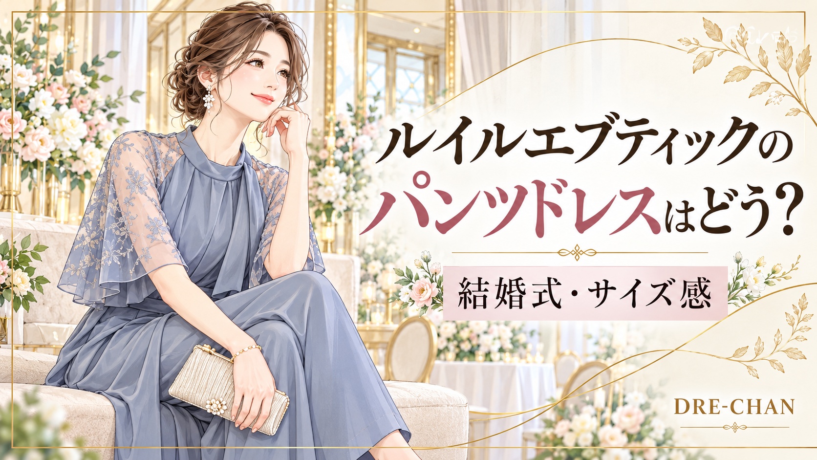 ルイルエブティックのパンツドレスを着た女性と「結婚式・サイズ感」の文字を配置したDRE-CHAN記事サムネイル画像