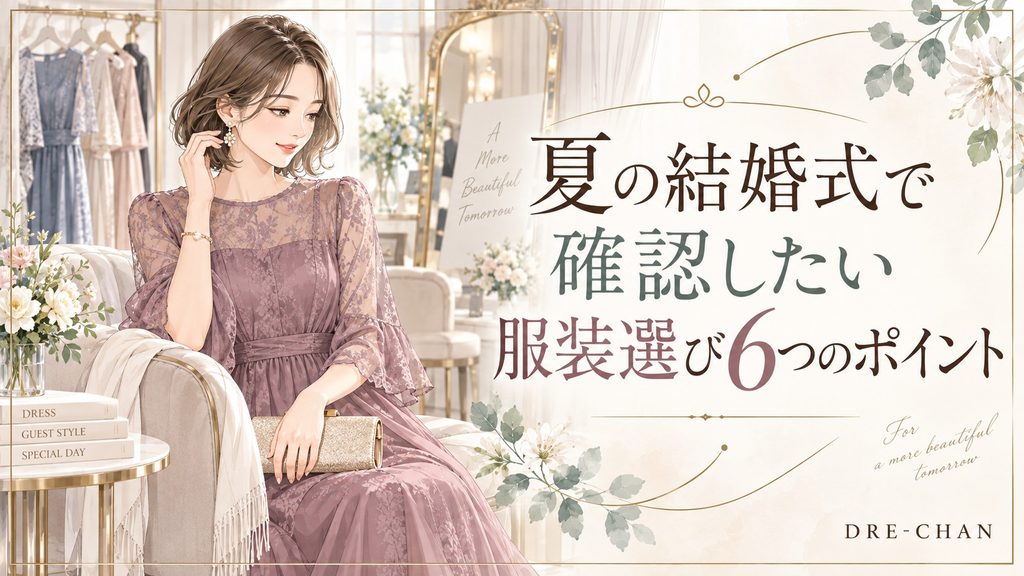 夏の結婚式に向けてお呼ばれドレス選びの6つのポイントを確認する女性のイラスト