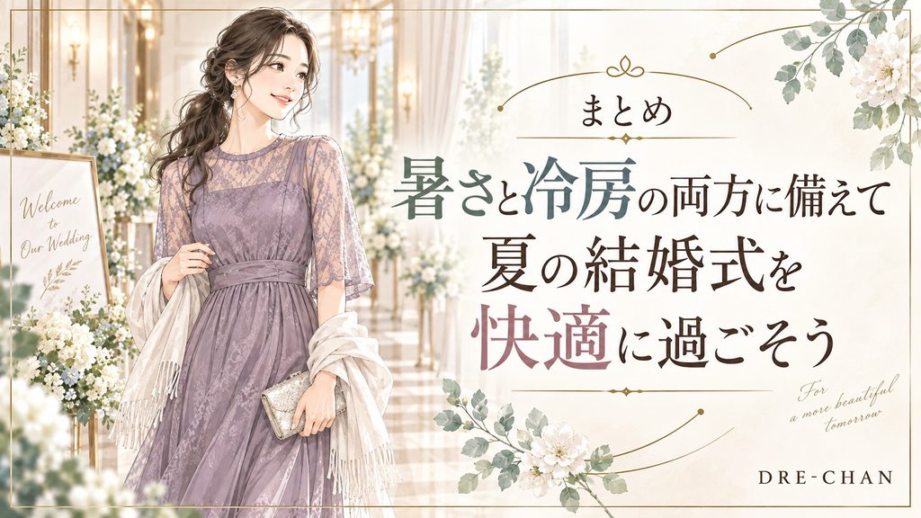 暑さと冷房の両方に備えて夏の結婚式を快適に過ごす女性ゲストのイラスト