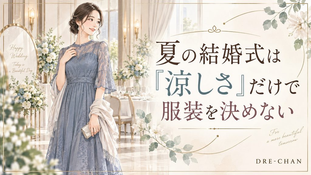 夏の結婚式で涼しさだけで服装を決めず、羽織物も用意する女性ゲストのイラスト