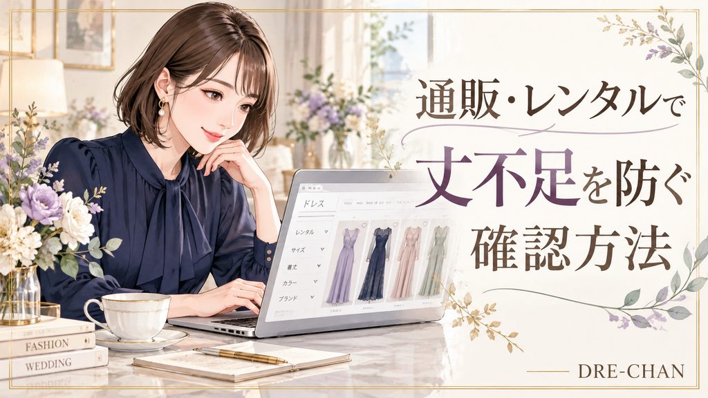 パソコンでお呼ばれドレスの通販・レンタルサイトを閲覧し、商品やサイズを確認するボブヘアの女性のイラスト。