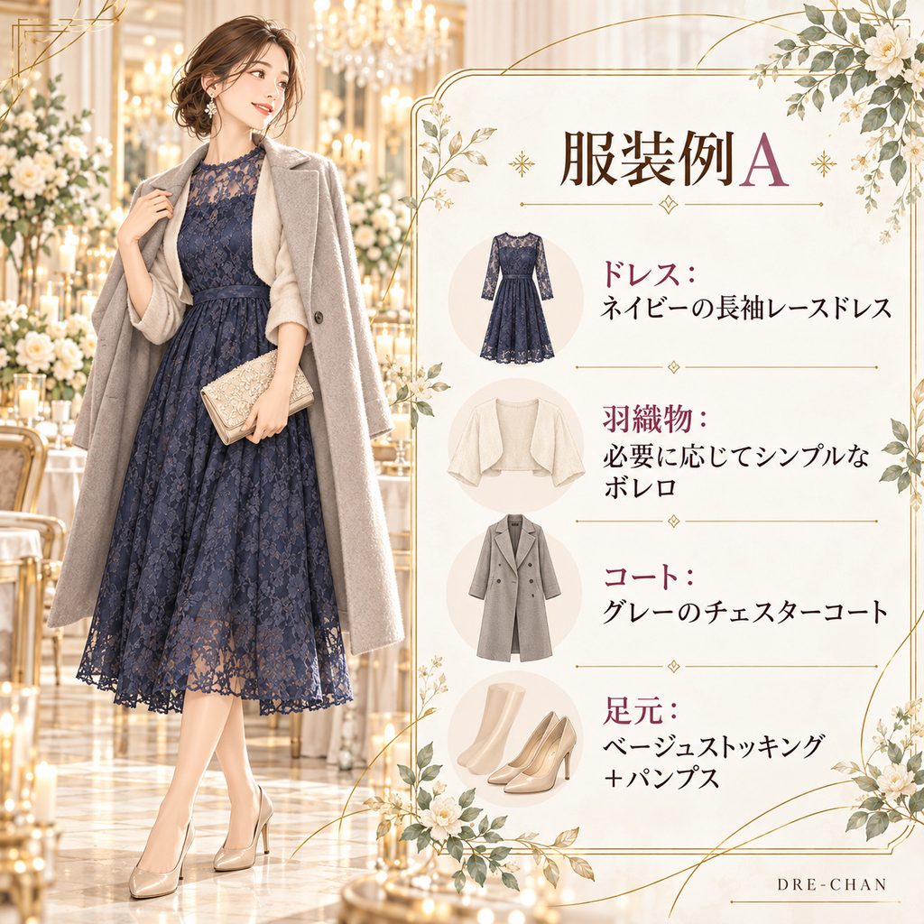 冬の結婚式におすすめの服装例Aとして、ネイビーの長袖レースドレスにシンプルなボレロ、グレーのチェスターコート、ベージュストッキングとパンプスを合わせた女性のコーディネートを紹介するイラスト。
