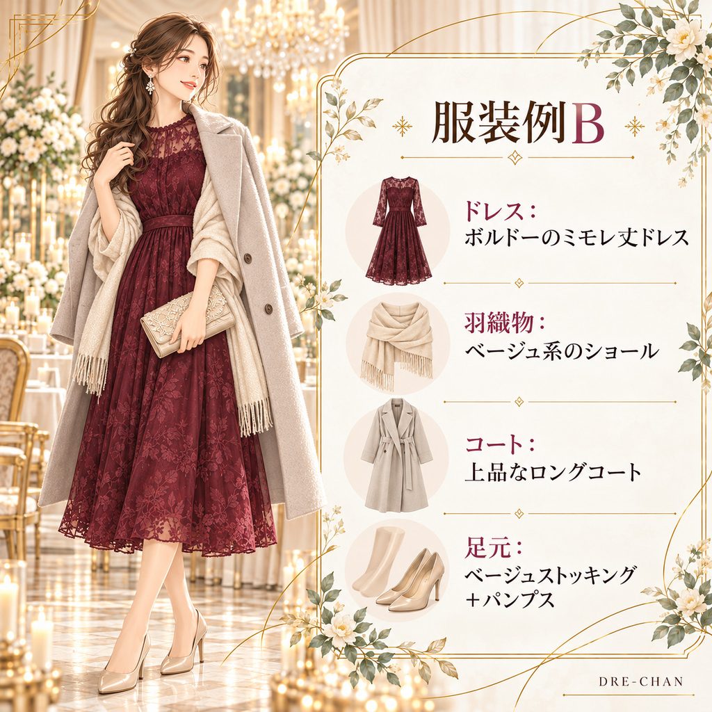 冬の結婚式におすすめの服装例Bとして、ボルドーのミモレ丈ドレスにベージュ系のショール、上品なロングコート、ベージュストッキングとパンプスを合わせた女性のコーディネートを紹介するイラスト。