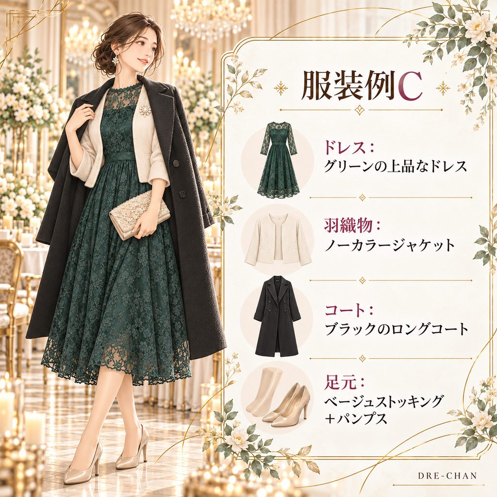 冬の結婚式におすすめの服装例Cとして、グリーンの上品なドレスにノーカラージャケット、ブラックのロングコート、ベージュストッキングとパンプスを合わせた女性のコーディネートを紹介するイラスト。