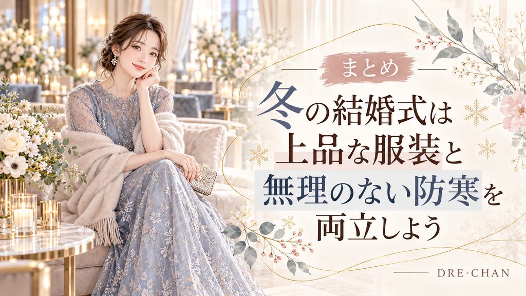 冬の結婚式にふさわしいブルーグレーのドレスとベージュのショールを身につけ、ホテルラウンジでくつろぐ女性のイラスト